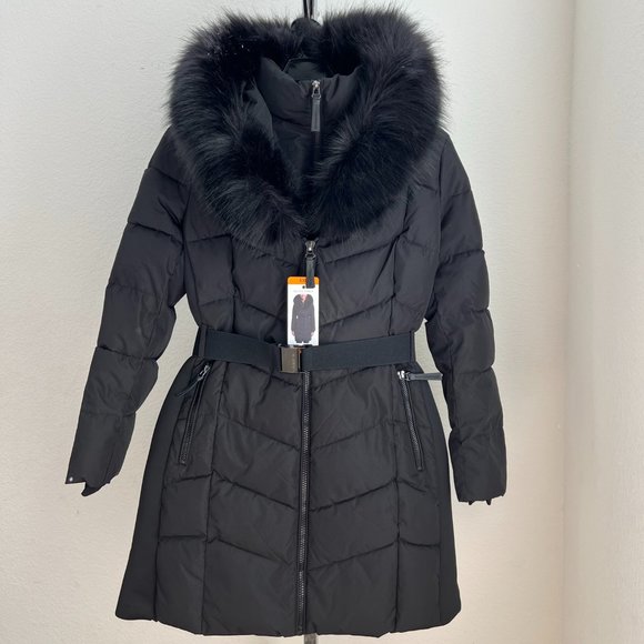 Calvin Klein Ladies' Faux Fur-Trim Belted Parka Coat Parka jacket / Black - New - Picture 1 of 7